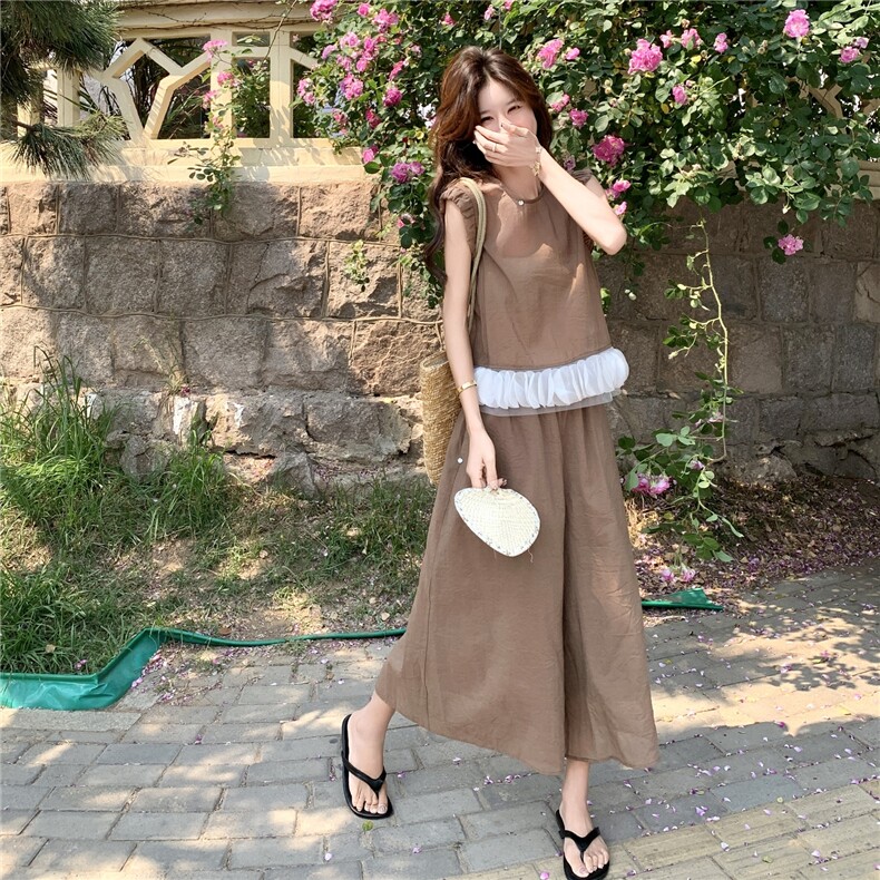 2025韩系甜美套装褶皱纯色无袖衬衫女夏季高腰休闲裤裙裤两件套,女装套装/套裙,维壹