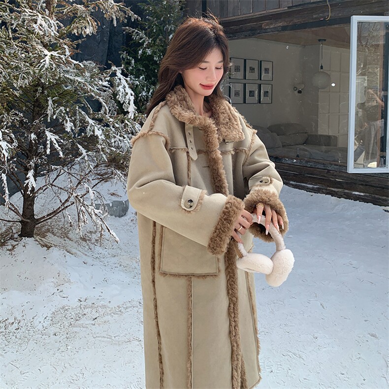 韩版加厚中长款拼接皮毛一体大衣女2025冬季新款显瘦保暖棉衣棉服,女装皮草,2C115