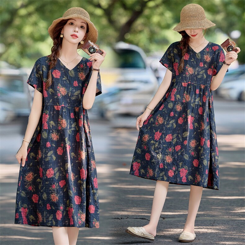 复古印花短袖棉质连衣裙女2025夏季新款收腰显瘦妈妈洋气减龄裙子，女装连衣裙，依万里
