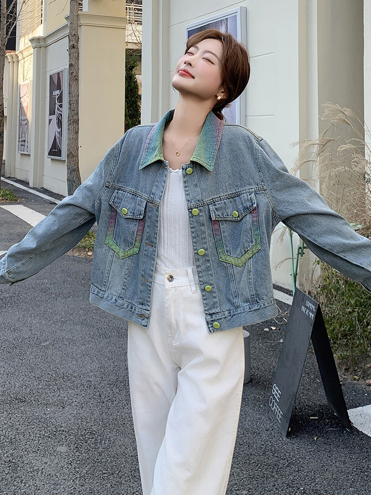 促销2025春季时髦休闲潮流气质宽松百搭彩色翻领单排扣牛仔短外套,女装牛仔外套,蝶眷