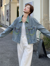 促销2025春季时髦休闲潮流气质宽松百搭彩色翻领单排扣牛仔短外套，女装牛仔外套，蝶眷