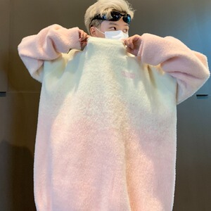 渐变套头毛衣男女慵懒风设计感小众水貂毛宽松针织上衣图片