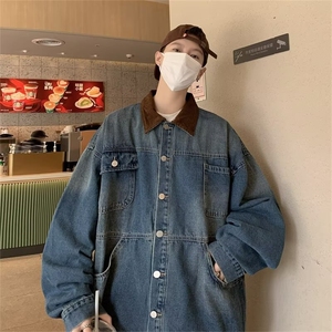 F154-P65美式复古多口袋拼接牛仔外套男高街潮牌宽松工装夹克