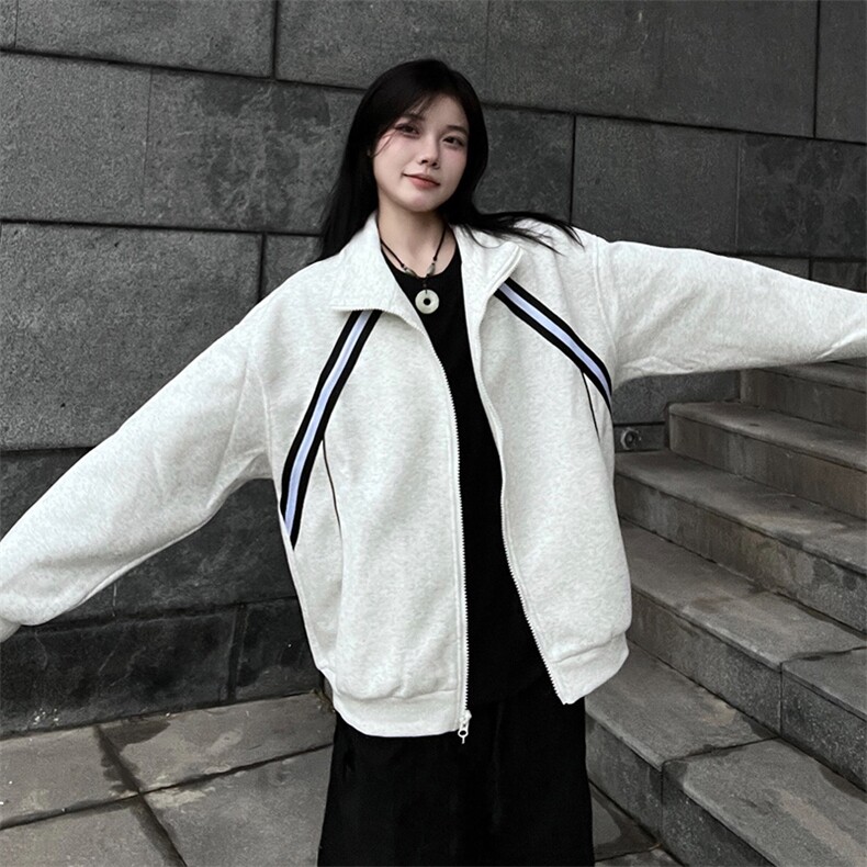 抖音得物高品质二开 25秋冬美式重磅结构织带撞色立领卫衣外套W70图片