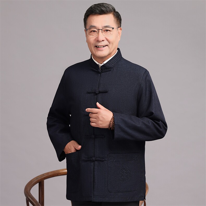 2026春款棉麻中老年风唐装外套男中式复古盘扣爷爷过生日外套,男装民族服装,钱塘723