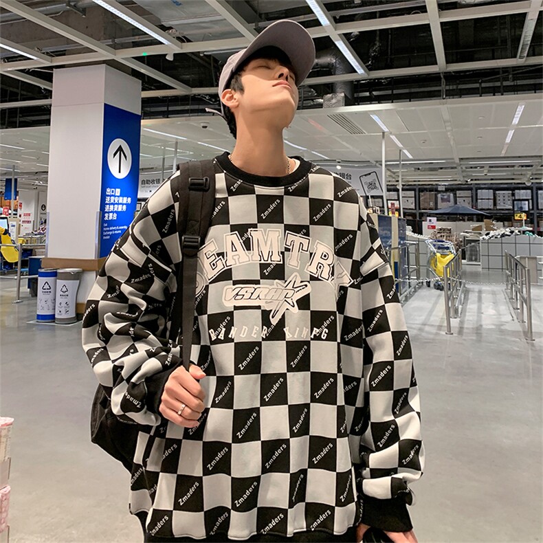 2023春季新款港风撞色印花棋盘格宽松圆领套头卫衣XZ002-P38,男装卫衣,星座914-3