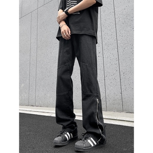 美式复古拉链牛仔裤男夏季新款直筒微喇裤高街vibe潮牌55222-p50图片