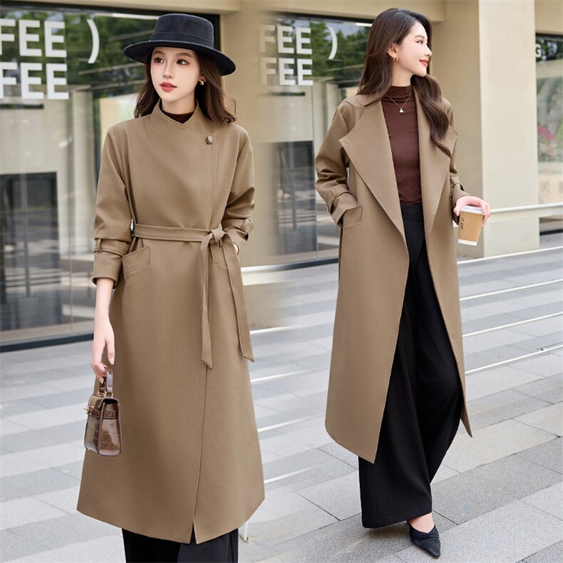 轻奢折扣剪标大牌原单尾单新款中长款级感宽松收腰女系带翻领风衣，女装风衣，卡杰菲
