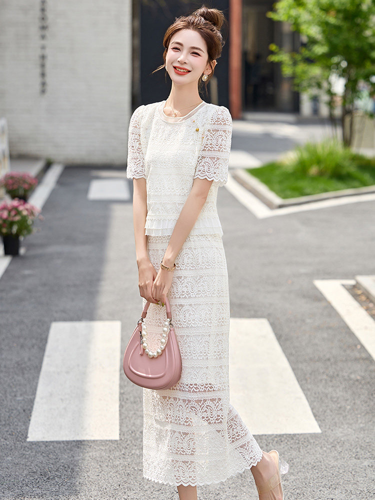 小香风名媛气质套装裙女2025夏新款洋气蕾丝镂空上衣半身裙两件套,女装套装/套裙,韩宇舍