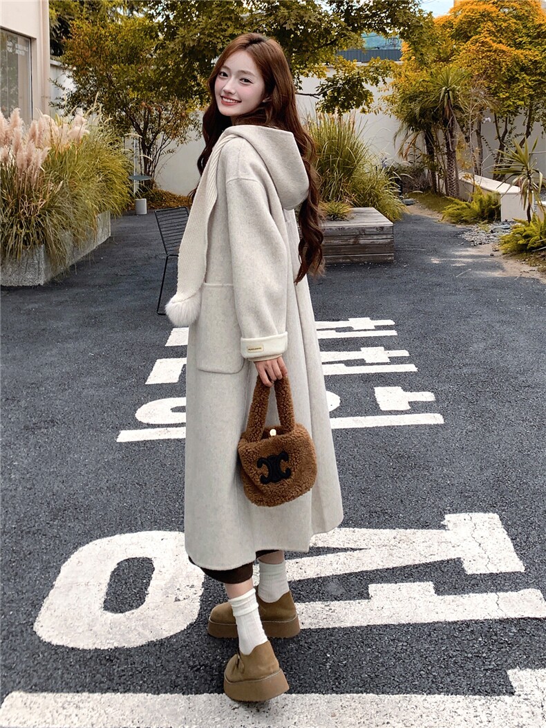 现货新款时尚洋气2025女装羊绒大衣宽松显瘦针织帽羊绒外套,女装毛呢外套,韩然一族