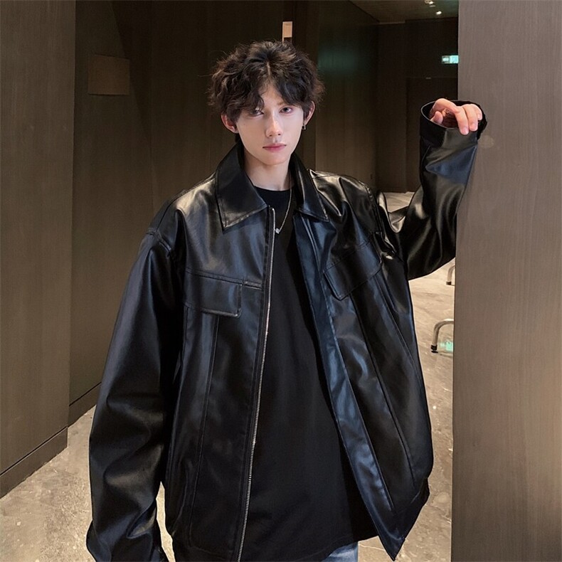 垫肩皮夹克男女同款复古纯色短款PU皮机车外套DY198-P80档口图图片