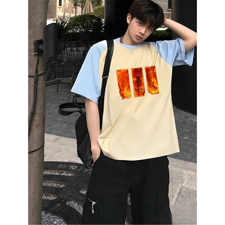 抖音得物高品质二开240克宽松纯棉美式潮牌插肩袖拼接短袖T恤,男装T恤,电商A486