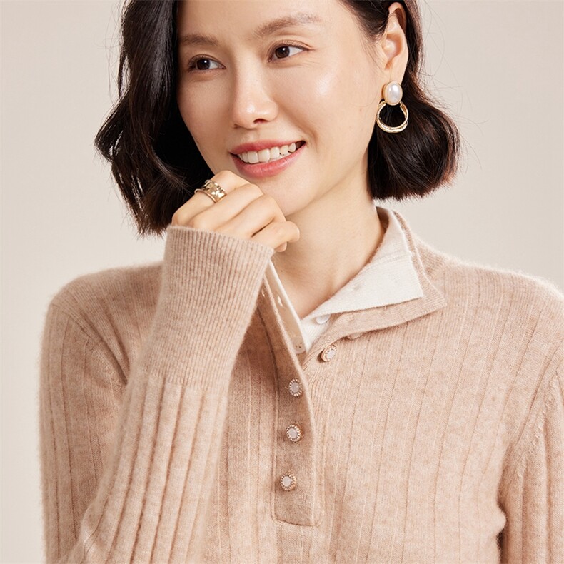 时尚双层领系扣坑条女士秋冬羊绒衫30%羊绒,女装羊绒衫,名驰羊绒
