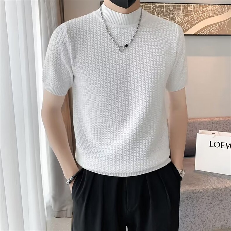 男士韩版打底毛衣半袖修身黑白纯色短袖针织衫半高领P3302-P45图片