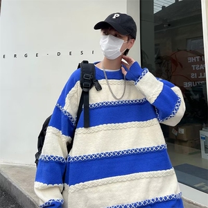 秋冬针织衫宽松线衣外套新款设计感圆领套头条纹毛衣男 M728-P42图片