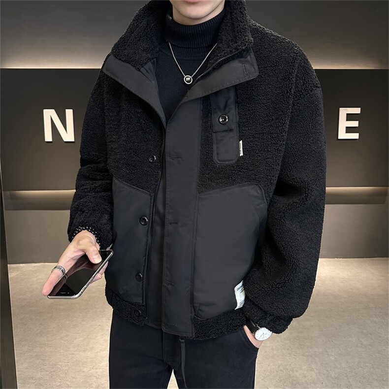 店主风羊羔绒外套男冬季加绒加厚上衣立领宽松拼接棉衣88912-P165,男装棉衣,电商A413