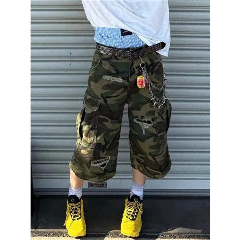 百搭牛仔破洞迷彩七分裤多口袋vibe宽松休闲工装短裤K8056,男装牛仔裤,星座1116A（原606A-3）