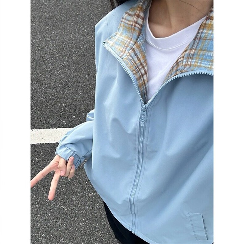 韩立臣fitcheck格子拼接夹克男春秋感无帽上衣美式翻领情侣外套图片