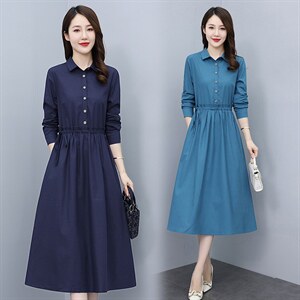高档长袖棉麻连衣裙女2023秋季新款气质收腰显瘦休闲百搭纯色裙子