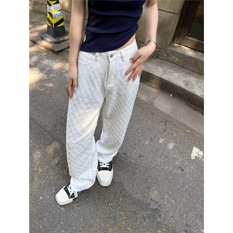 白色宽松新款提花牛仔裤休闲裤女早春高腰直筒裤拖地阔腿裤长裤子,男装牛仔裤,星座506A