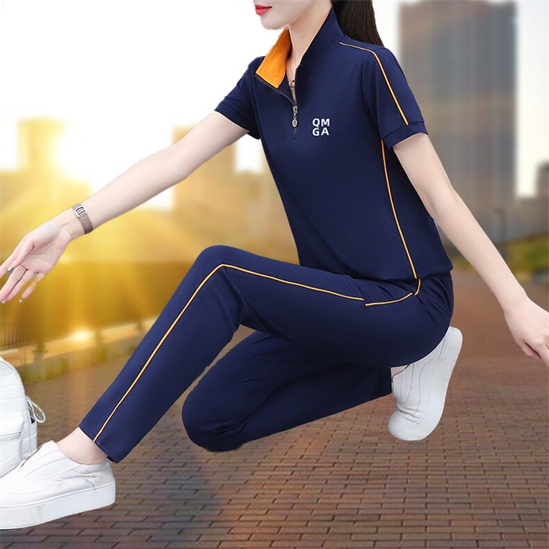 夏季立领短袖运动服套装女2023新款中年妈妈时尚休闲跑步服两件套图片