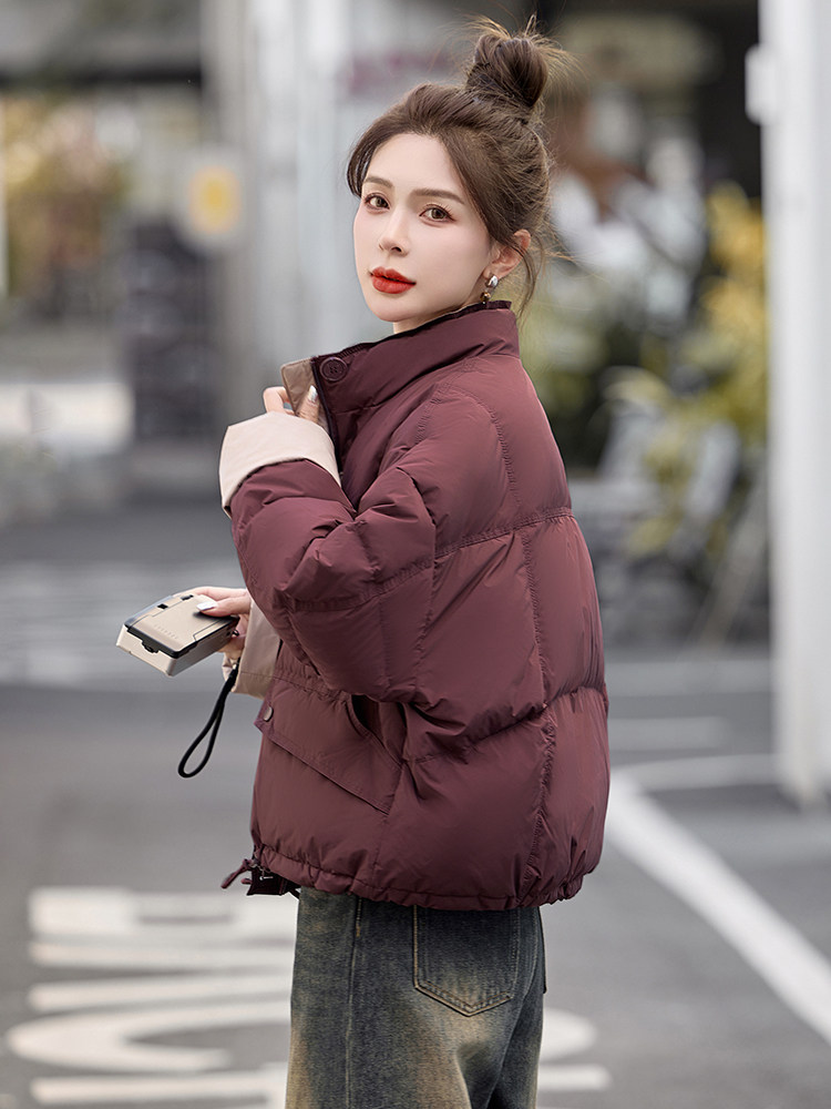 时尚拼色立领短款羽绒服女2024冬季小个子超好看面包服白鸭绒外套,女装羽绒服,美沁