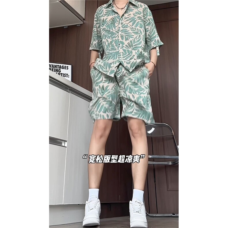 短袖衬衫男+短裤男套装男100%聚酯纤维M-5XL大码TZ78707P50控98图片
