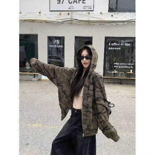 美式复古街头迷彩开衫连帽卫衣空降特种兵拉链外套，女装卫衣/绒衫，星座506A