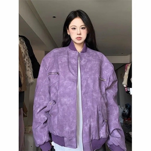 宽松棒球服外套秋冬新款百搭高级感PU皮机车夹克男女JKF223图片