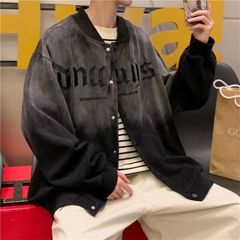 美式复古字母刺绣渐变棒球服男女秋季做旧水洗宽松情侣装夹克外套,男装夹克,星座1210-1