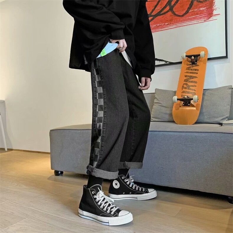 现货牛仔裤拼接蓝色嘻哈韩版休闲潮流直筒宽松老爹长裤nk760-p45，男装牛仔裤，星座1008