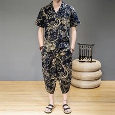 2021夏季中国风亚麻短袖套装男士七分裤两件套QT6005-TZ08-P65，男装套装，星座1112-5（原712-5）