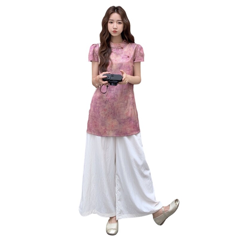 新中式国风甜美衬衫套装裤女夏2025新款ootd穿搭超火阔腿裤两件套,女装套装/套裙,秋水欣儿