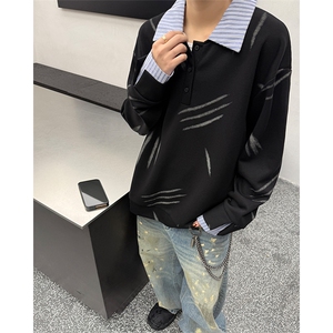 猫爪布假两件条纹拉链衬衫领休闲春款卫衣 高街休闲学院卫衣特P55图片