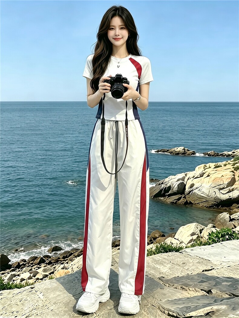 潮流时尚休闲运动套装女夏季新款显瘦竖纹圆领短袖上衣长裤两件套,女装套装/套裙,江南