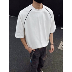 得物300克重磅双纱纯棉宽松撞色打底衫短袖圆领T恤男RH5027-特P35，男装T恤，星座610B-1