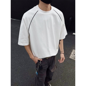 得物300克重磅双纱纯棉宽松撞色打底衫短袖圆领T恤男RH5027-特P35,粉色外套搭配杏色颜色打底衫图片