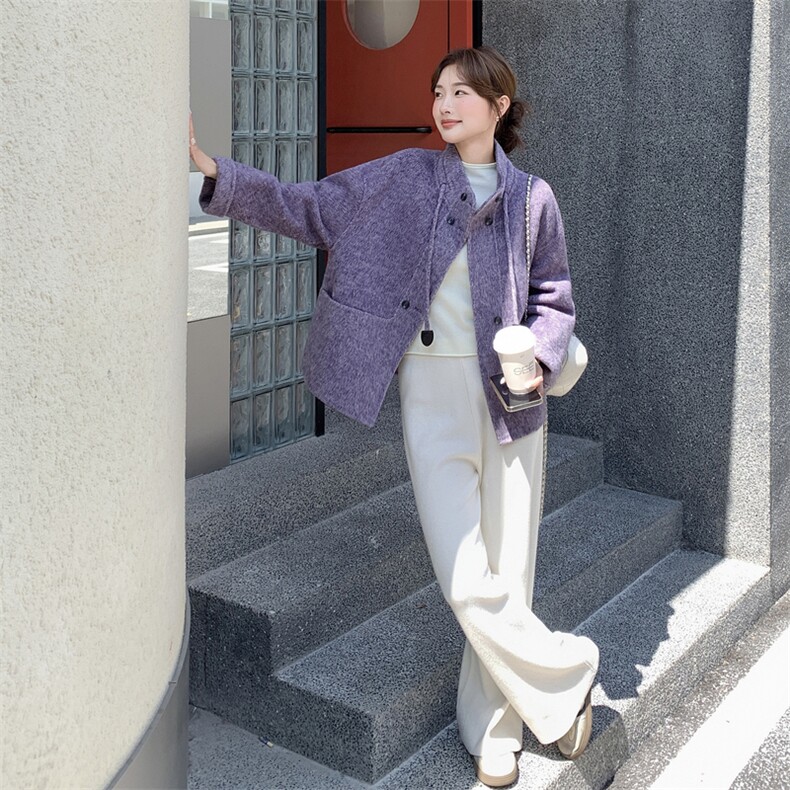 紫色立领双面呢大衣女2025秋冬新款法式漂亮气质小个子毛呢外套潮,女装羊绒大衣,2C316