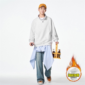 480G重磅加绒硬挺boxy男女秋冬美式高街结构半拉链立领卫衣厚外套图片