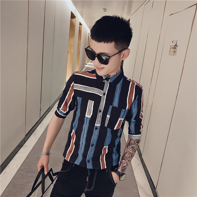夏季新款衬衣条纹衬衫修身社会小伙小衬衫A328-1933-P55,男装衬衫,星座406