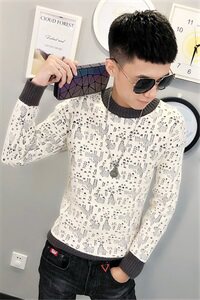 冬季社会小伙针织衫复古扭花加厚毛衣男圆领打底衫C301B-MY17图片