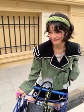 大翻领绿格纹套装，女装职业装，YOUER DENG