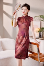 原创夏季新款桑蚕丝旗袍裙高档薄款亲肤透气中长款真丝女士连衣裙，女装汉服/婚纱/旗袍/礼服，媚琳依坊