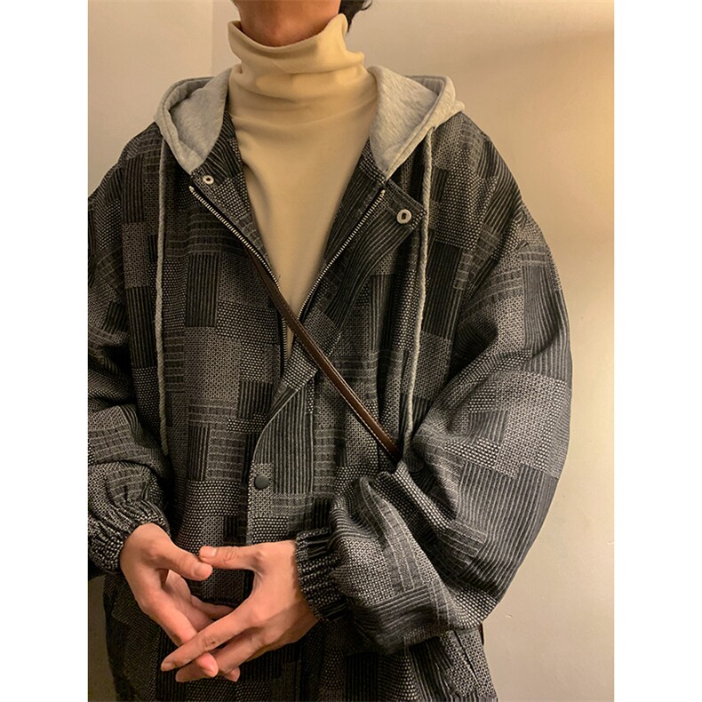 JK6007/P80加棉P90冬装港风牛仔连帽格子夹克男大码外套棉衣男,男装夹克,电商A141
