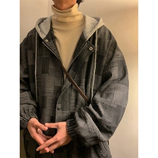 JK6007/P80加棉P90冬装港风牛仔连帽格子夹克男大码外套棉衣男，男装夹克，电商A141