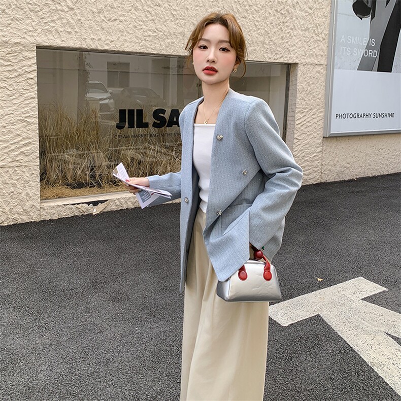 小香风亮片蓝色西装外套女春秋2025新款小个子高级感西服百搭超火,女装西装,2C169