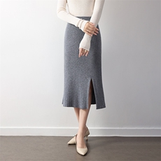 2025年秋季中腰百搭中长款抽条侧开叉裙，女装半身裙，举月羊绒