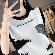 新款女装冰丝短袖针织衫水墨画图案拼接蕾丝设计时尚百搭显瘦上衣，女装针织衫/毛衣，萱芳婷羊绒
