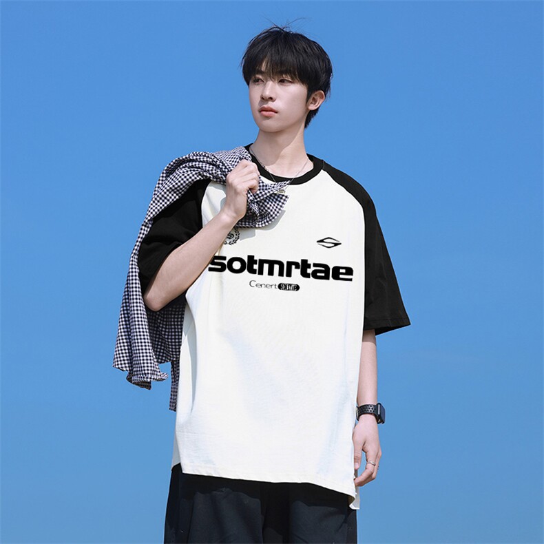 抖音得物高品质二开240克宽松纯棉美式潮牌插肩袖拼接短袖T恤，男装T恤，电商A486