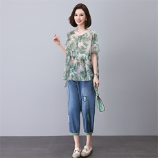 时尚休闲印花套装女宽松显瘦大码两件套夏季新款潮流百搭上衣牛仔裤，女装套装/套裙，叶笙衣
